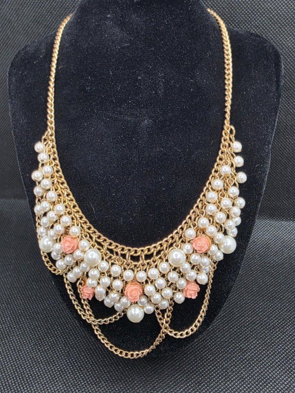 Vintage Gold Tone Faux Pearl Floral Rose Bib Statement Necklace